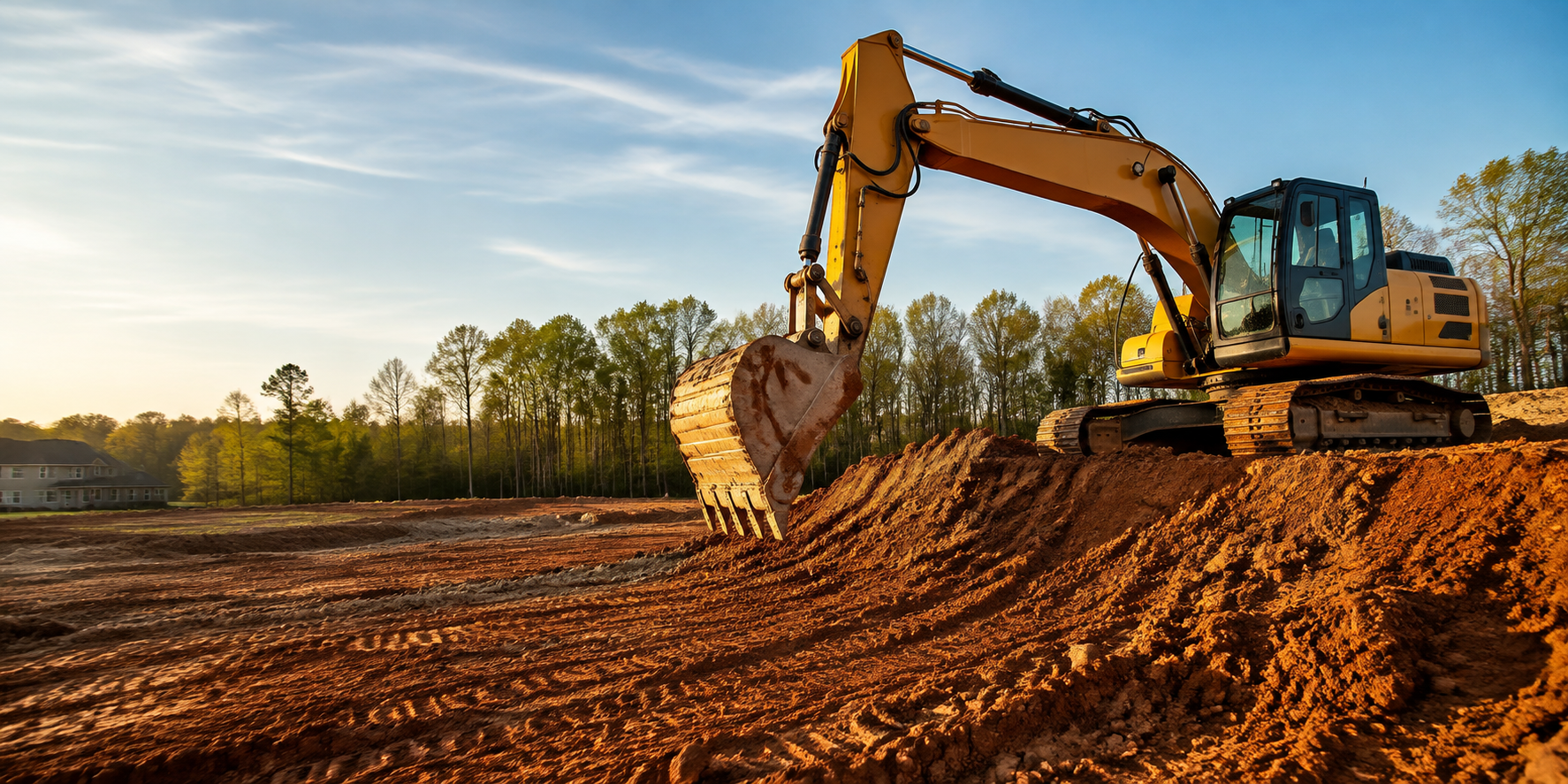 Excavator grading a prepared construction site