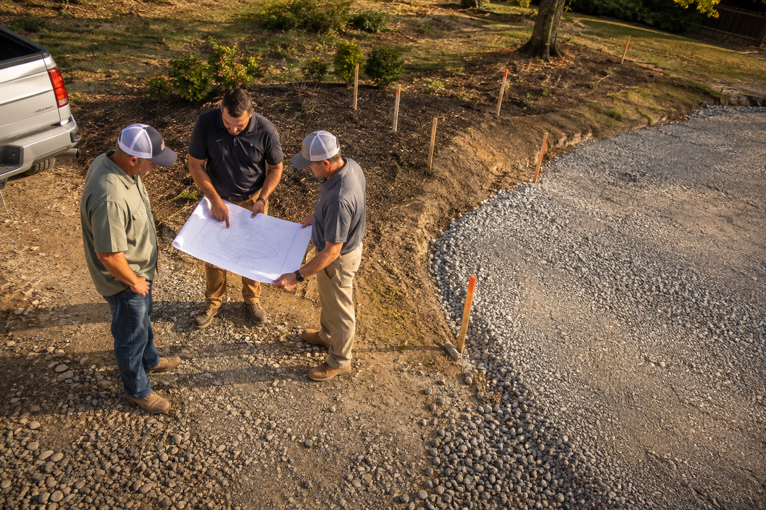 Site plan and survey stakes on a prepared gravel base